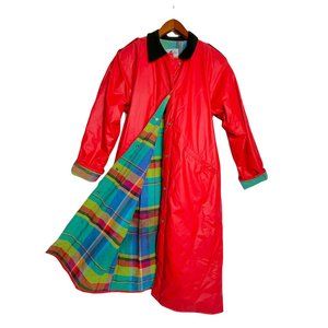Vintage Misty Harbor Long Coat Colorful Plaid Lining PVC Slicker Outerwear Rain